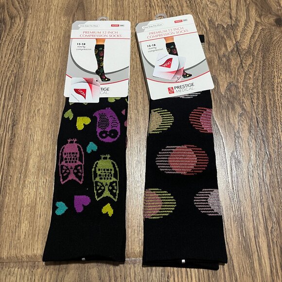 Lot of 2 Black Print Womens Light Compression Knee Socks - Picture 1 of 2